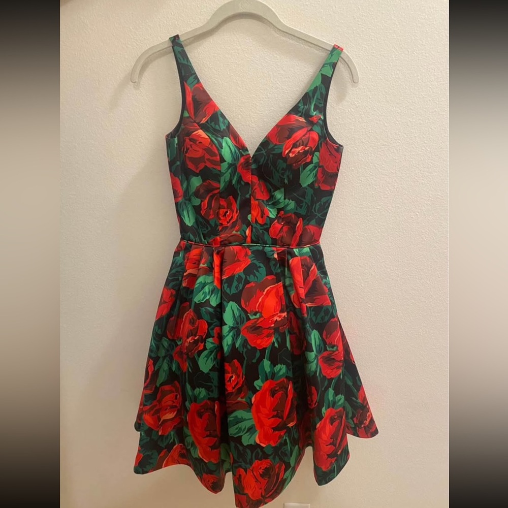 Floral Red and Green Sherri Hill Homecoming Dress